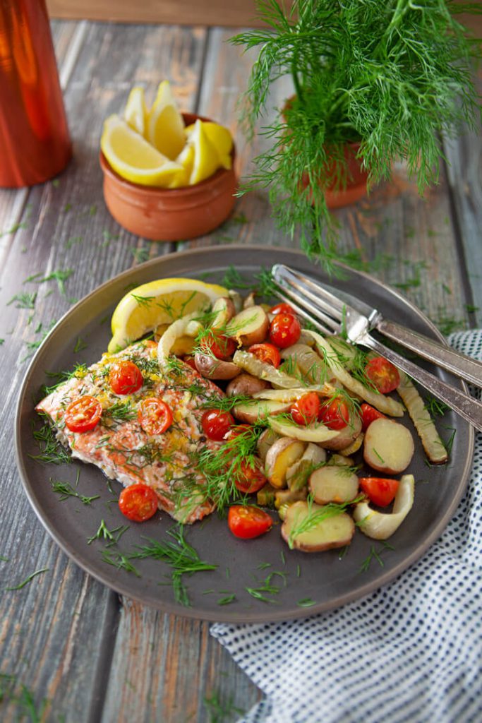 Roasted Salmon with Fennel Tomatoes and Potatoes platted