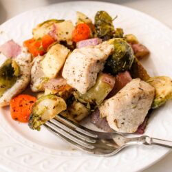 Chicken and brussels sprouts on a white plate with a fork.